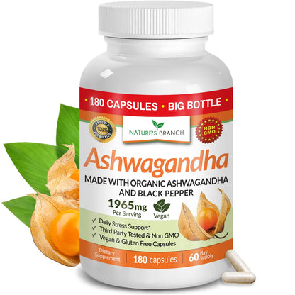 UDAF Certified Organic Ashwagandha with Black Pepper, 1965mg - Extra Strength for Stress, Sleep, Mood, Thyroid, Energy, Hair, Vegan Pure Root Extract Powder Supplement for Men and Women | 180 Capsules NATURE'S BRANCHBuy Supplements Australia