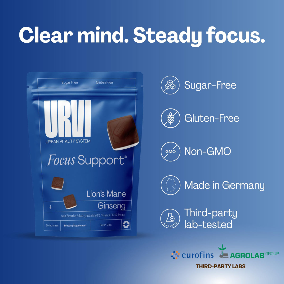 URVI 1500mg Lion's Mane Gummies with Ginseng, Folate 5-MTHF, B12 & Iodine – Focus Nootropic Brain Supplement Boosts Memory, Focus & Energy – Sugar-Free – Cola Flavor – 60 Count URVIBuy Supplements Australia