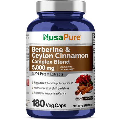 NusaPure Berberine with Ceylon Cinnamon 20:1 Extract, 250 mg Equivalent to 5000mg 180 Veggie Capsules, Vegetarian, Non-GMO Supplement, (Berberine Complex) NusaPureBuy Supplements Australia