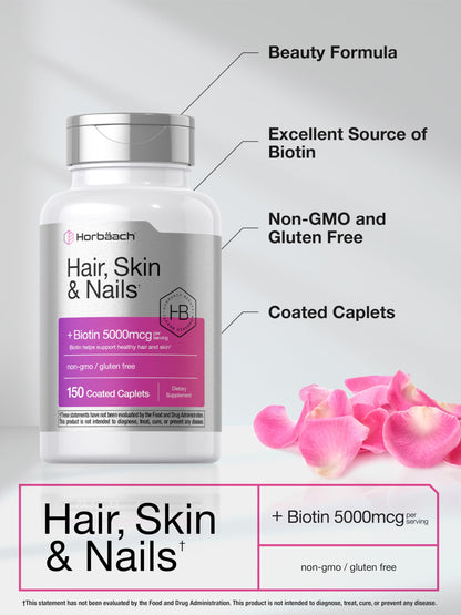 Horbäach Hair Skin and Nails Vitamins | 150 Caplets | with Biotin and Collagen | Supplement for Women and Men | Non-GMO, Gluten Free Horbäach buy supplements Au