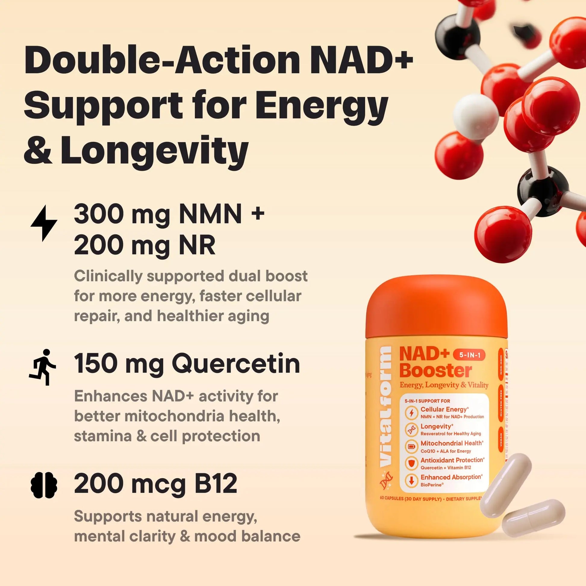 VitalForm NAD+ Supplement with NMN & Nicotinamide Riboside (NR) – Advanced Cellular Energy & Healthy Aging Complex – with Resveratrol, CoQ10, Quercetin & BioPerine – 60 Vegan Capsules VitalFormBuy Supplements Australia