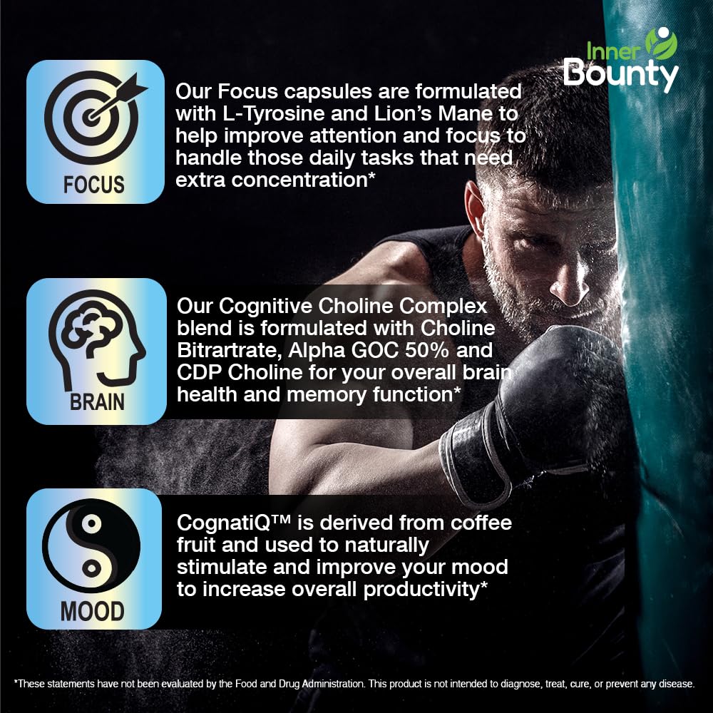 Inner Bounty Focus 14-in-1 Nootropic Brain Supplement with Lions Mane, Alpha GPC Choline, Vitamin C & B12, Taurine, Bacopa - Energy, Cognitive, Memory Support, 60 Filler Free Capsules Inner BountyBuy Supplements Australia