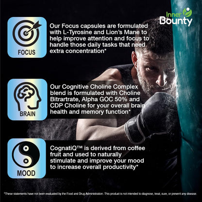 Inner Bounty Focus 14-in-1 Nootropic Brain Supplement with Lions Mane, Alpha GPC Choline, Vitamin C & B12, Taurine, Bacopa - Energy, Cognitive, Memory Support, 60 Filler Free Capsules Inner BountyBuy Supplements Australia