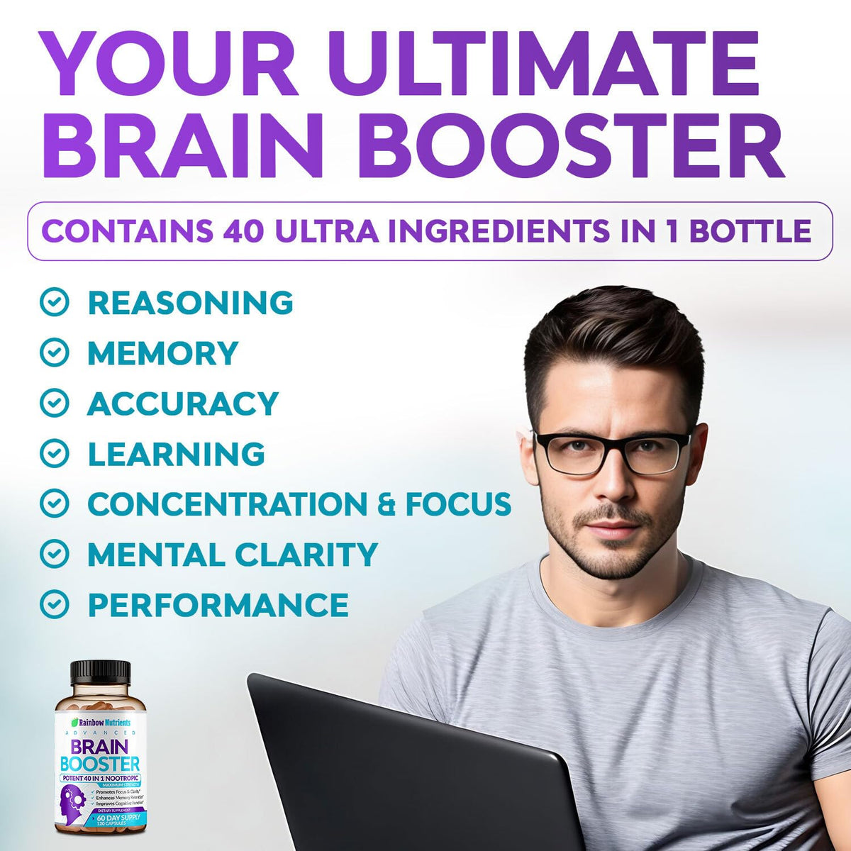 40-in-1 Brain Booster Supplements for Memory, Focus, Clarity, Energy, Performance Rainbow Nutrients, LLCBuy Supplements Australia