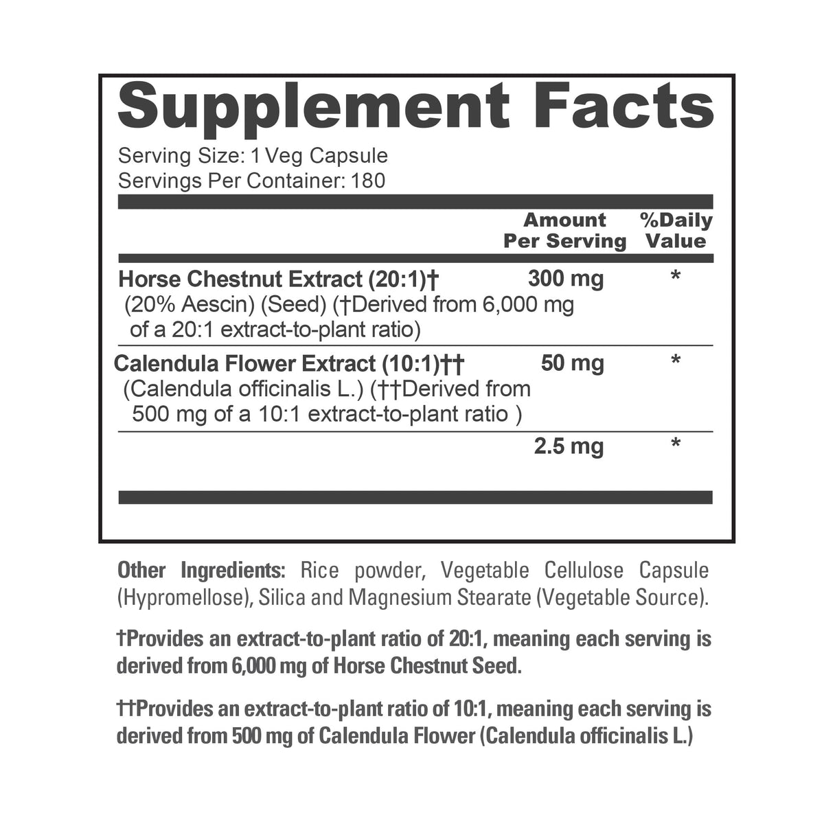 NusaPure Horse Chestnut 20:1 Extract, 300 mg Equivalent to 6,000mg 180 Veggie Caps Non-GMO, Vegan, BioPerine, Calendula Flower NusaPureBuy Supplements Australia