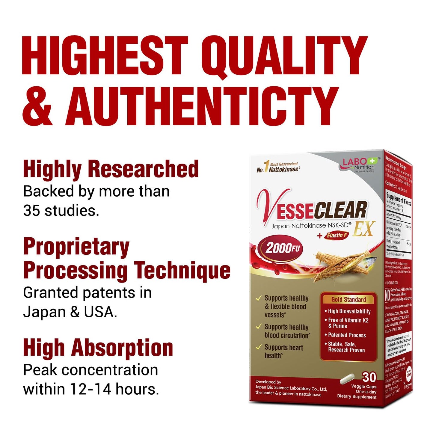 LABO Nutrition VesseCLEAR EX: Nattokinase NSK-SD+Elastin F for Clean & Flexible Blood Vessel. Japan's Most Research Proven, Functional Dose, Acid-Resistant/Delayed Release Capsules LABO Nutrition buy supplements Au