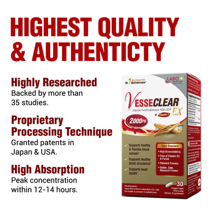 LABO Nutrition VesseCLEAR EX: Nattokinase NSK-SD+Elastin F for Clean & Flexible Blood Vessel. Japan's Most Research Proven, Functional Dose, Acid-Resistant/Delayed Release Capsules LABO Nutrition buy supplements Au