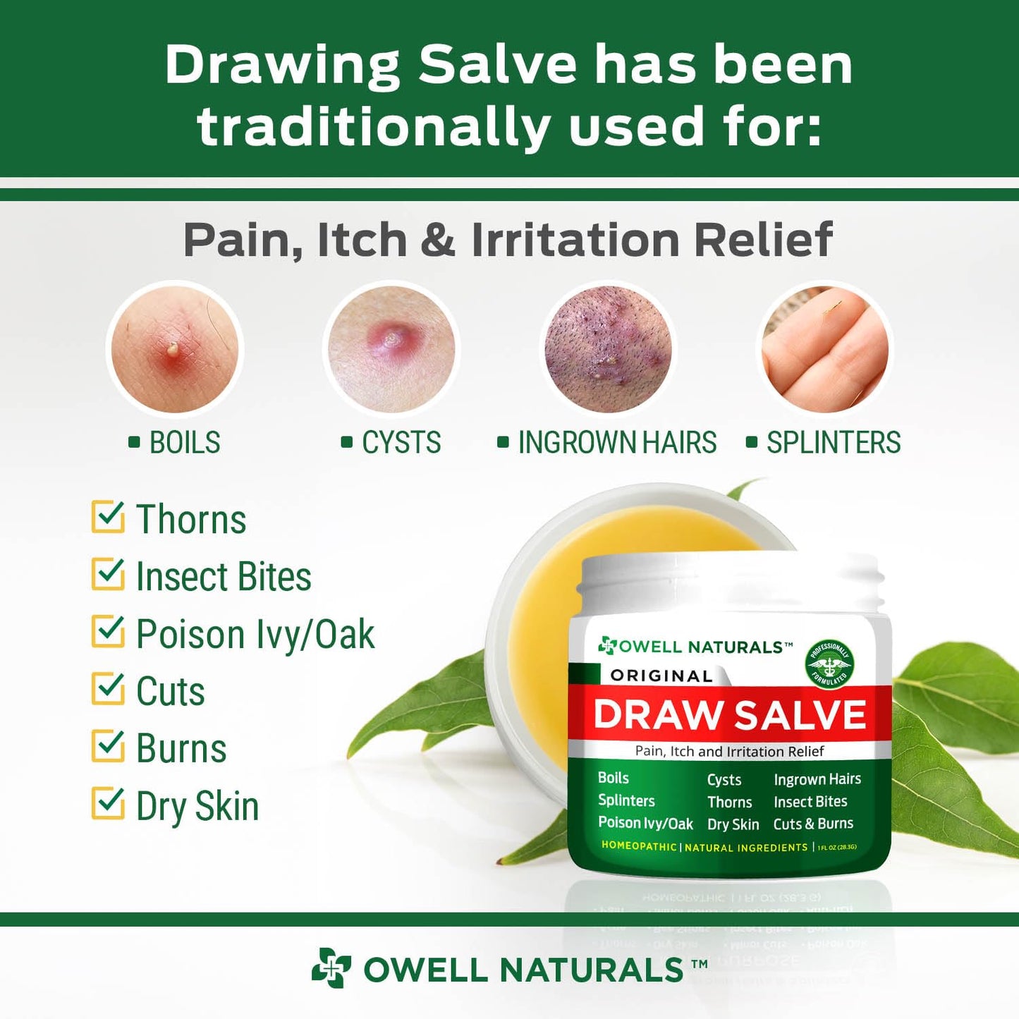 OWELL Naturals Drawing Salve Ointment for Boil & Cyst Removal, Deep Ingrown Hair, Splinter Remover, Bug Spider Bites, Bee Sting, Mosquito Itching, Poison Ivy Owell Naturals buy supplements Au