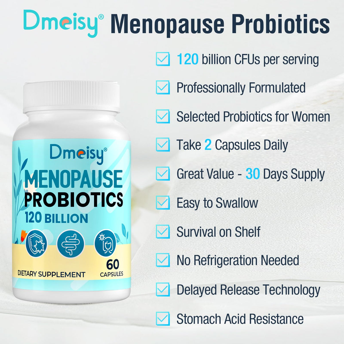 Menopause Supplements for Women, 120 Billion CFU Probiotic, 13-in-1 Herbs Probiotics Complex, for Menopause Relief, Hormone Balance, Hot Flashes, Night Sweats, Mood Swings, Gut & Immunity - 60 Capsule DmeisyBuy Supplements Australia