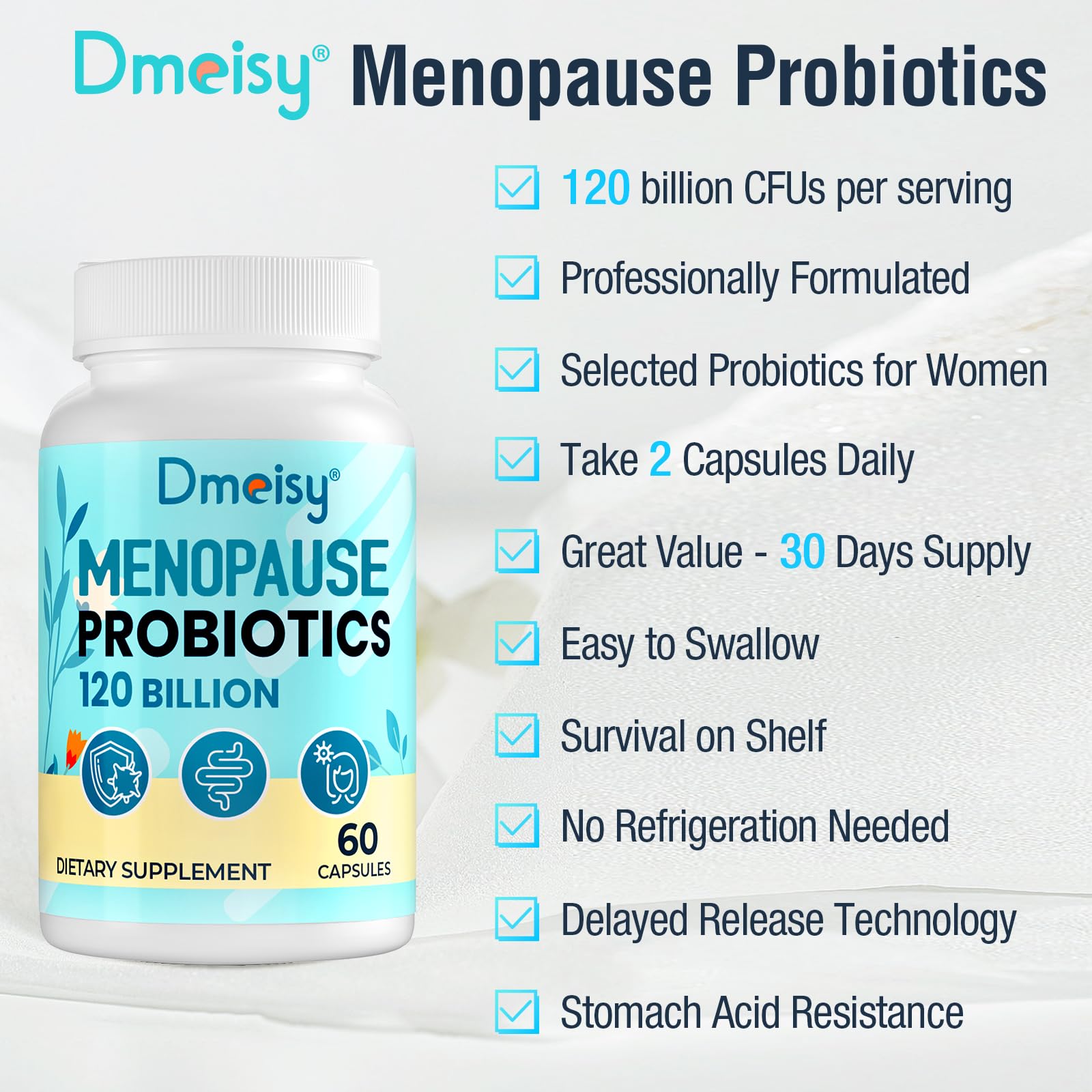 Menopause Supplements for Women, 120 Billion CFU Probiotic, 13-in-1 Herbs Probiotics Complex, for Menopause Relief, Hormone Balance, Hot Flashes, Night Sweats, Mood Swings, Gut & Immunity - 60 Capsule DmeisyBuy Supplements Australia