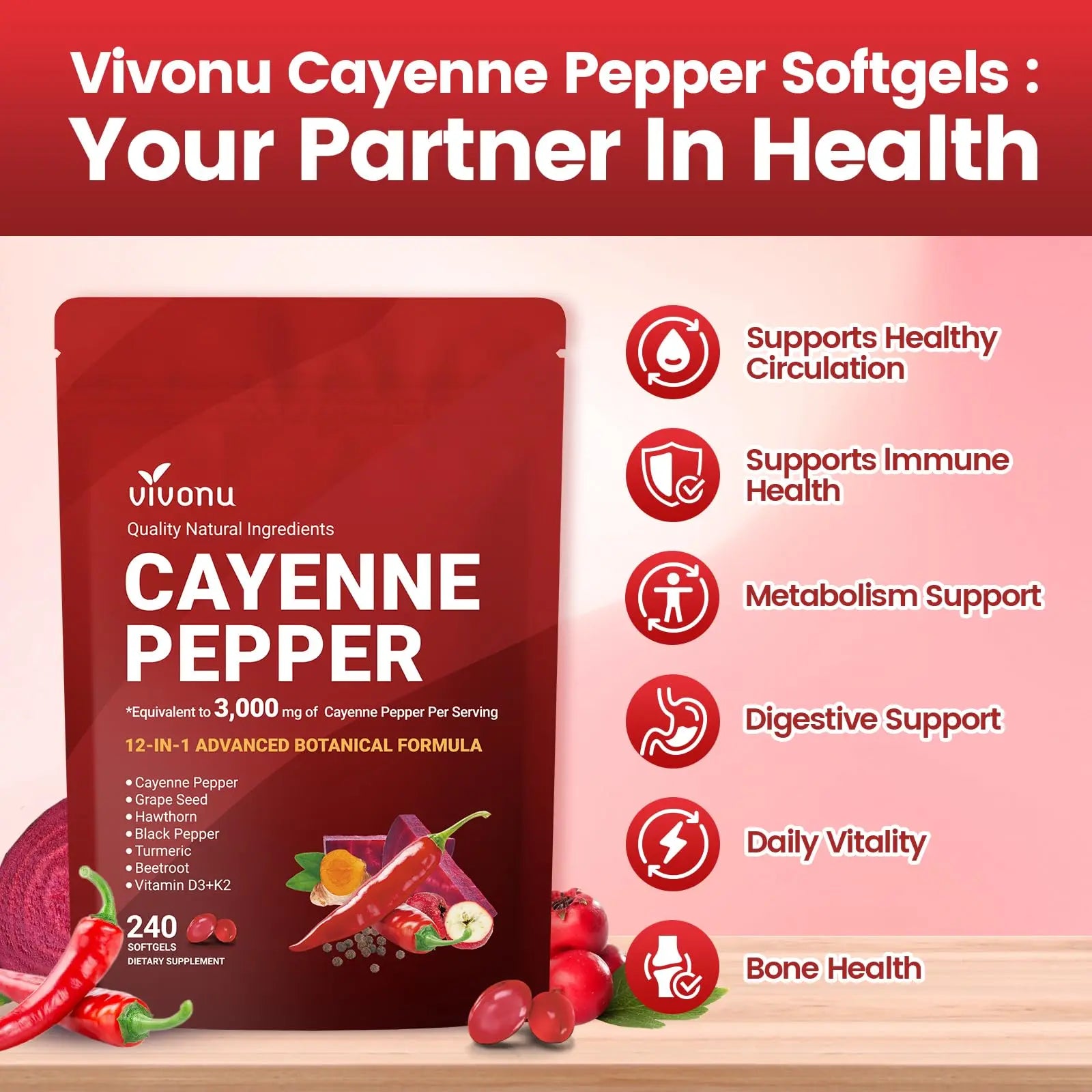 VivoNu Cayenne Pepper Softgels Supplement, Supports Leg Vein, Heart and Blood Vessel Health, with Vitamin E D3+K2 and Extracts of Grape Seed, Hawthorn VivoNu canada supplements