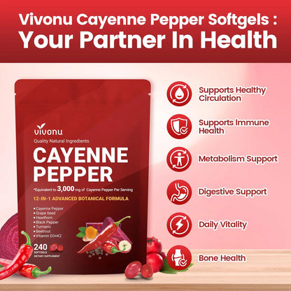 VivoNu Cayenne Pepper Softgels Supplement, Supports Leg Vein, Heart and Blood Vessel Health, with Vitamin E D3+K2 and Extracts of Grape Seed, Hawthorn VivoNu canada supplements