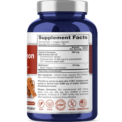 NusaPure Ceylon Cinnamon20:1 Extract, 500 mg Equivalent to 10,000 mg Per Caps | 150 Veggie Capsules | Non-GMO, Vegan with Bioperine NusaPureBuy Supplements Australia