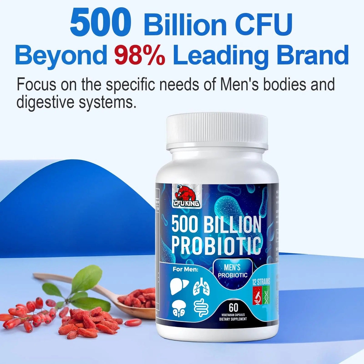 Probiotics for Men, 500 Billion CFU & 12 Mens Probiotic for Digestive Health + 4 Organic Prebiotic Fiber, for Digestive, Gut, Immune Health, Bloating, Gas, Energy Support, Shelf Stable - 120 Capsules CFUKING buy supplements Au