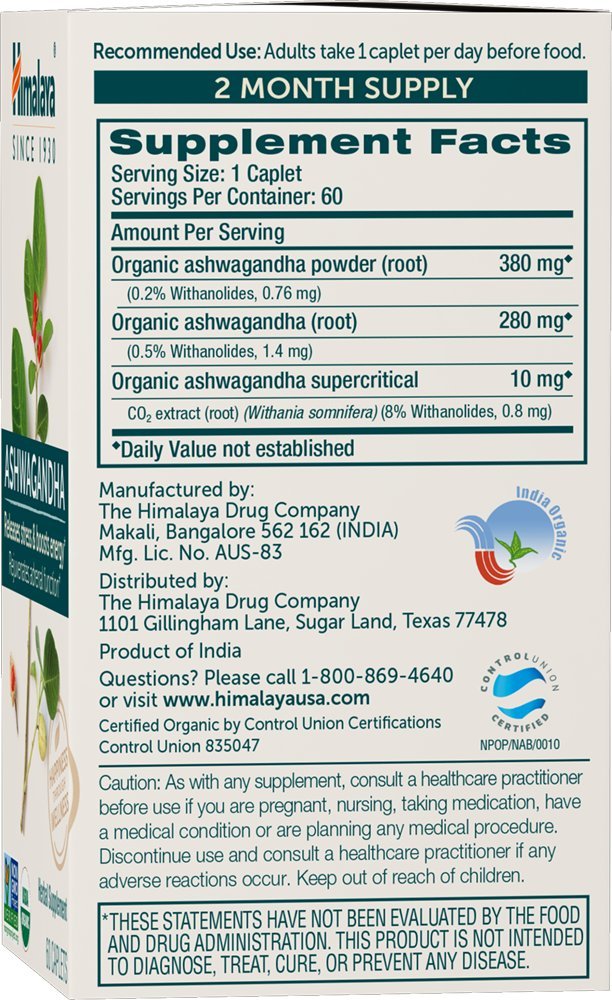 Himalaya Organic Ashwagandha Root, 120 Day Supply - Herbal Adrenal Support Supplements for Stress Relief and Energy Support - USDA Organic, Non-GMO, Vegan, Gluten Free, 60 Caplets, 2 Pack HimalayaBuy Supplements Australia