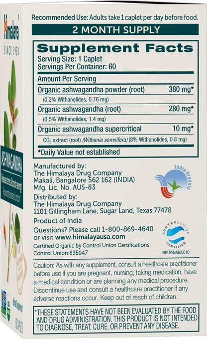 Himalaya Organic Ashwagandha Root, 120 Day Supply - Herbal Adrenal Support Supplements for Stress Relief and Energy Support - USDA Organic, Non-GMO, Vegan, Gluten Free, 60 Caplets, 2 Pack HimalayaBuy Supplements Australia