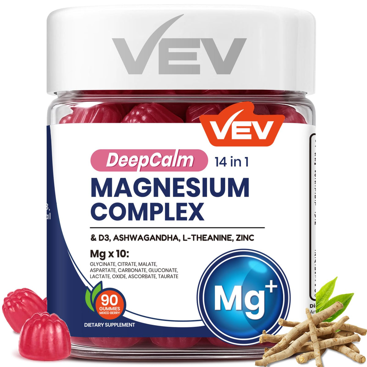 VEV Deep Calm Magnesium Complex 14-in-1 Gummies – 90 Count (Pack of 1) – with D3, Ashwagandha, L-theanine, Zinc – Magnesium Complex for Women and Men