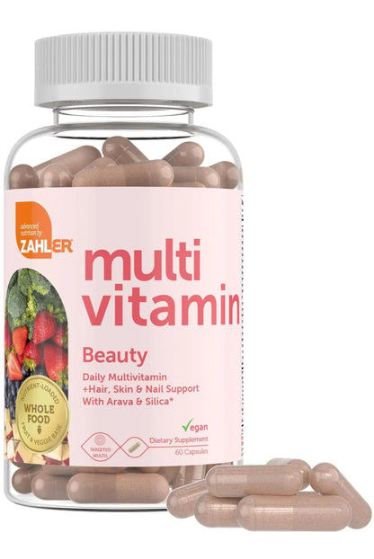 Zahler Multivitamin Beauty + Skin Hair and Nails Support, Multivitamin for Women and Men with Iron, Certified Kosher, 60 Capsules Zahler