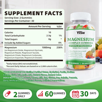 Magnesium Complex Gummies 8 Elemental 1000mg - Magnesium Glycinate, Citrate, Malate, Taurate, Supports Bones, Muscle, Nerve Health, for Women & Men, Vegan Non-GMO, Mixed Flavors, 60 Count YXSW buy supplements Au