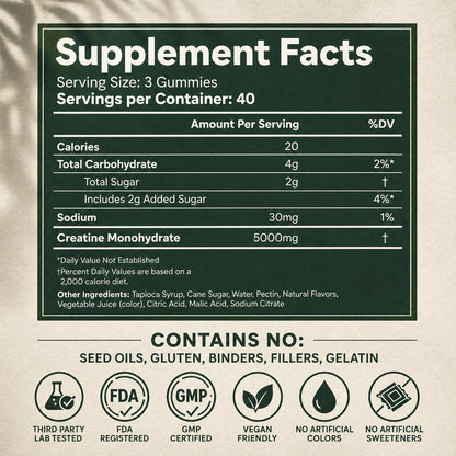 Creatine Monohydrate Gummies 5g - Only 2g Sugar, Made in USA - Sour Watermelon Flavor - Vegan & 3rd Party Tested - Pre & Post Workout Supplement for Women and Men (120 Count, 40 Servings)