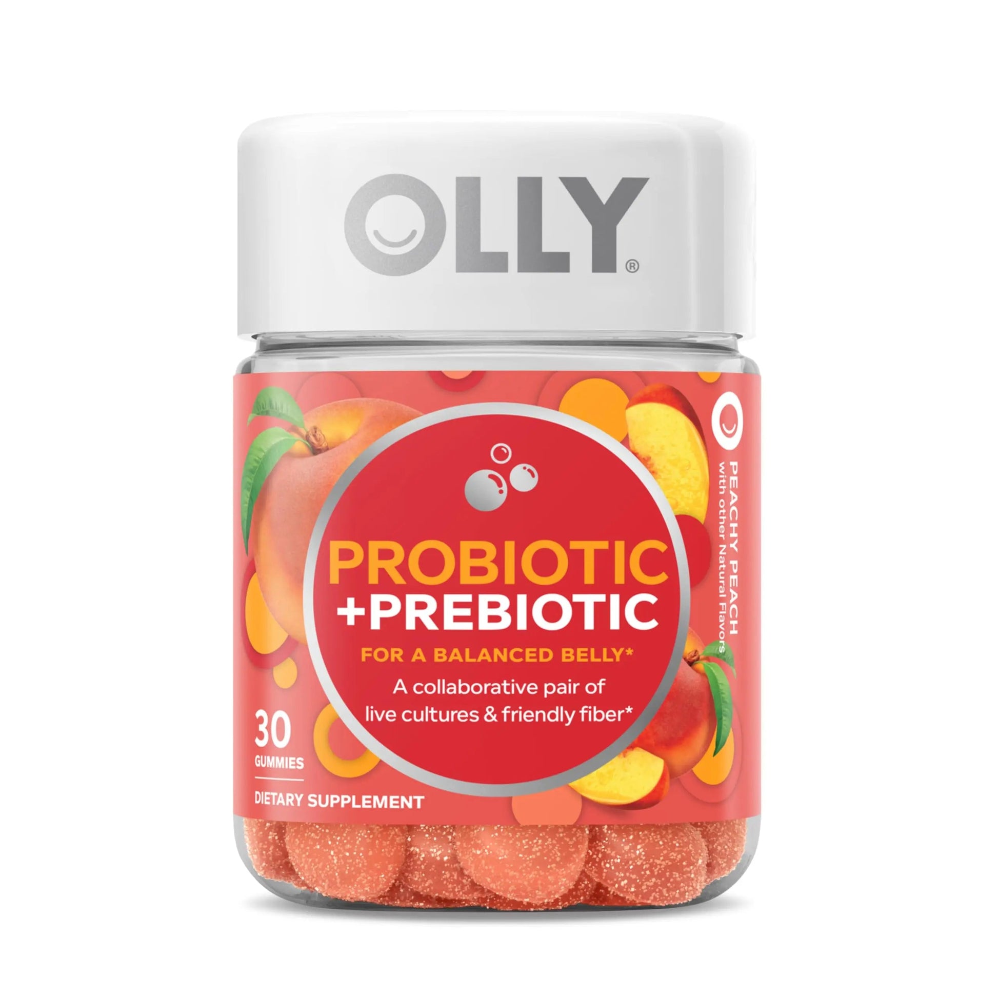OLLY Probiotic + Prebiotic Gummy, Digestive Support and Gut Health, 500 Million CFUs, Fiber, Adult Chewable Supplement for Men and Women, Peach, 30 Day Supply - 30 Count OLLYBuy Supplements Australia