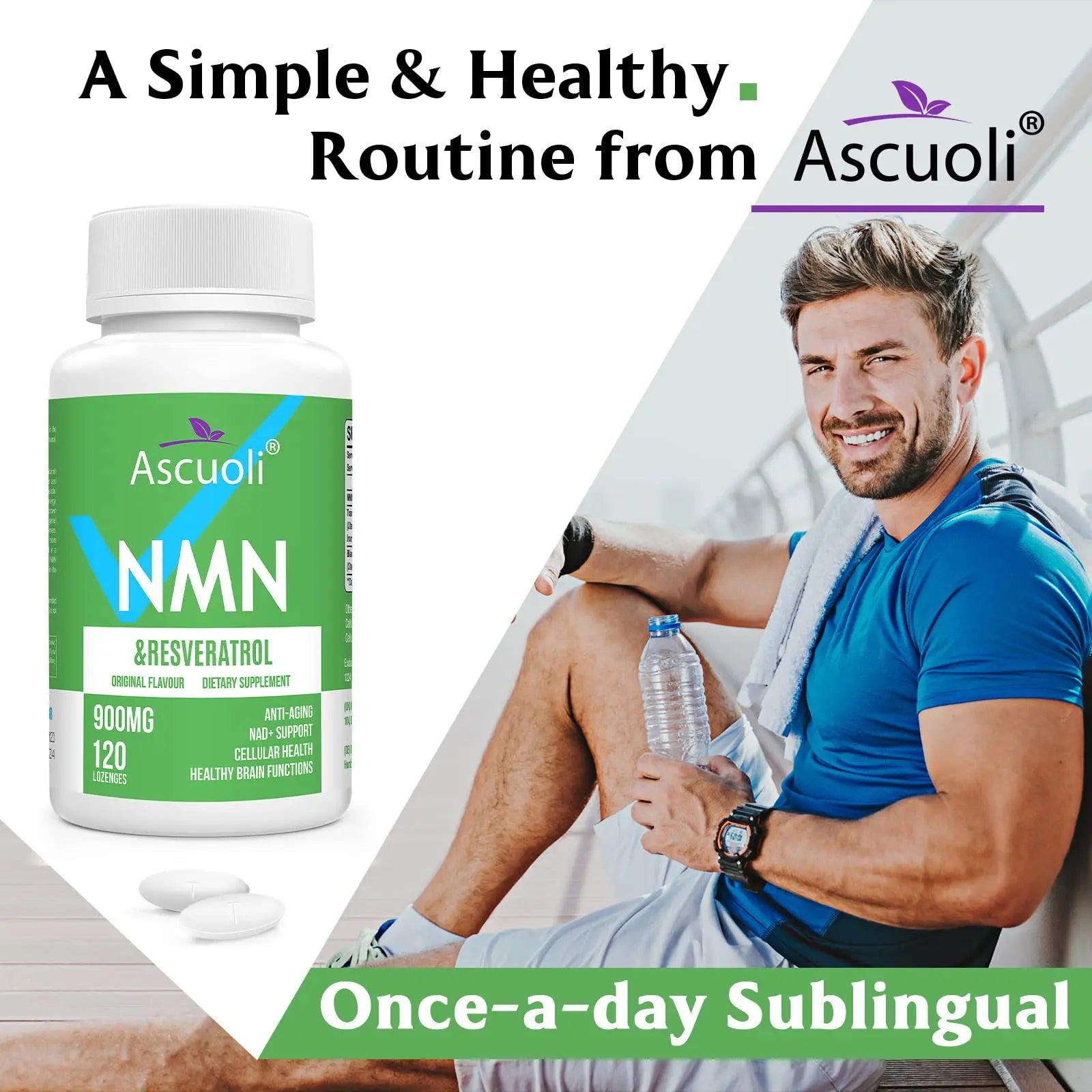 Sublingual NMN 500mg + Trans-Resveratrol 400mg, 3-in-1 Advanced Formula 99% Pure NMN Resveratrol Supplement for Boost* NAD, Cell, Immune, Energy & Muscle, Anti-Aging, 120 Lozenges (120-Day Supply) AscuoliBuy Supplements Australia