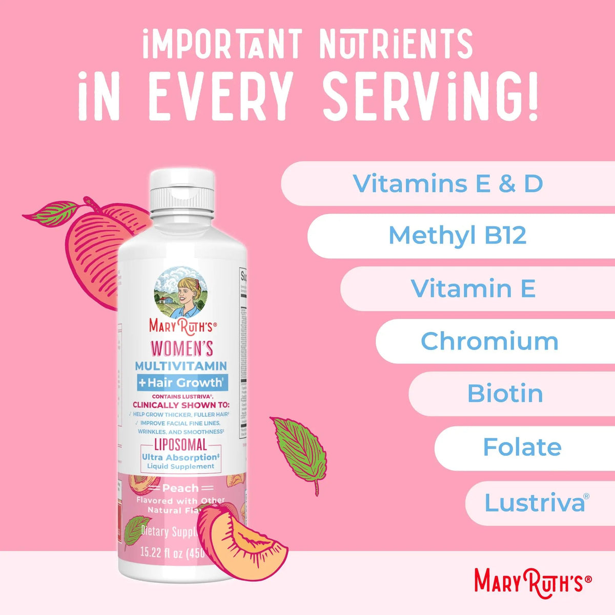 MaryRuth's Women's Multivitamin + Hair Growth Liposomal (Peach) & Iron Liquid (Berry) | Clean Label Project Verified® | MARYRUTH'SBuy Supplements Australia