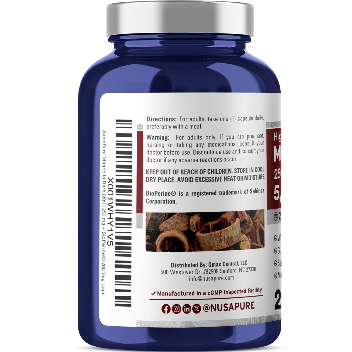 NusaPure Magnolia Bark 20:1 Extract, 250 mg Equivalent to 5,000 mg 200 Vegan Vegetarian Capsules Non-GMO NusaPureBuy Supplements Australia