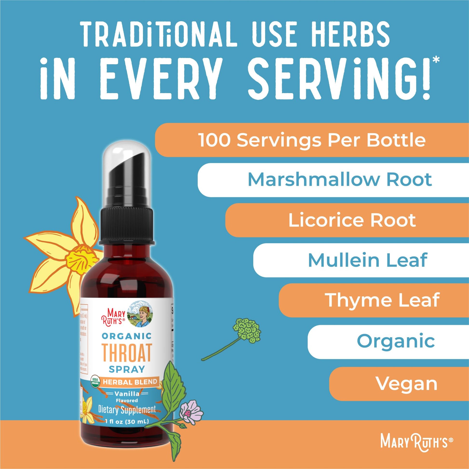 MaryRuth Organics USDA Organic Throat Spray with Mullein Leaf | Marshmallow Root & Licorice Root & Thyme Leaf | Vanilla | 4 Herbal Blend | Non-GMO | Vegan | Gluten Free | 1 Fl Oz | Up to 100 Servings MARYRUTH'SBuy Supplements Australia