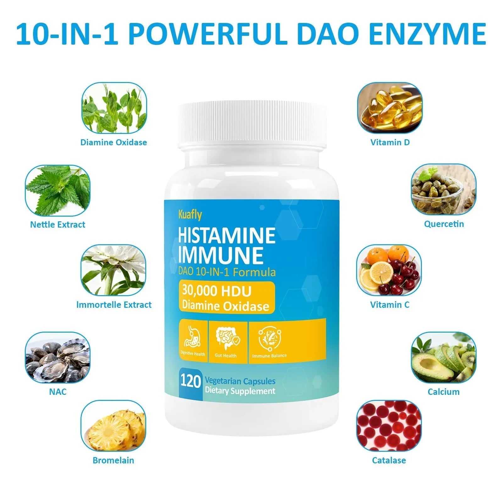 KUAFLY DAO Enzyme Supplements Histamine Blocker 120 Capsules– Natural DAO Supplement with Diamine Oxidase & Quercetin KUAFLYBuy Supplements Australia