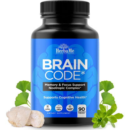 HerbaMe Brain Code Nootropic Brain Supplement for Memory and Focus | Supports Cognitive Health & Mental Clarity, Enhance Concentration | 90 Capsules HerbaMeBuy Supplements Australia