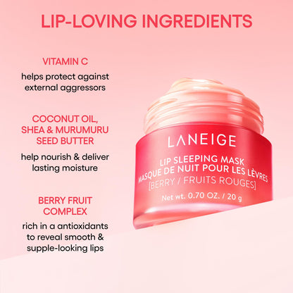 LANEIGE Lip Sleeping Mask, Berry: Nourishing Overnight Lip Treatment with Vitamin C, Shea & Murumuru Butter