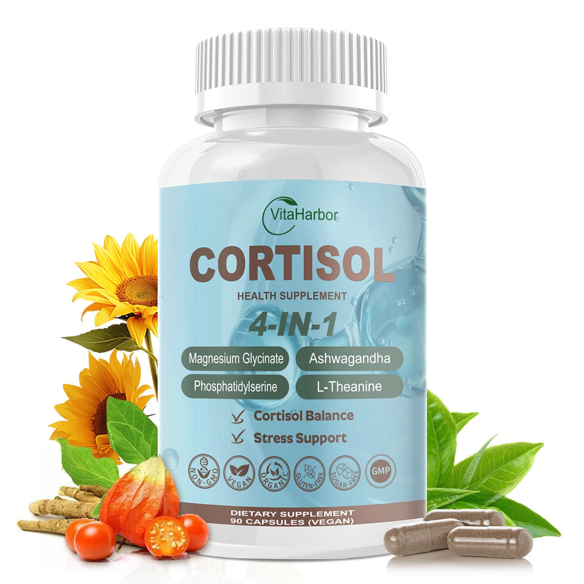 VitaHarbor Cortisol Supplement for Women and Men, 4-in-1 Cortisol Reducer with Magnesium Glycinate, Ashwagandha, Phosphatidylserine, L-Theanine, for Relaxation & Calm Support, 90 Veg Caps VitaHarborBuy Supplements Australia