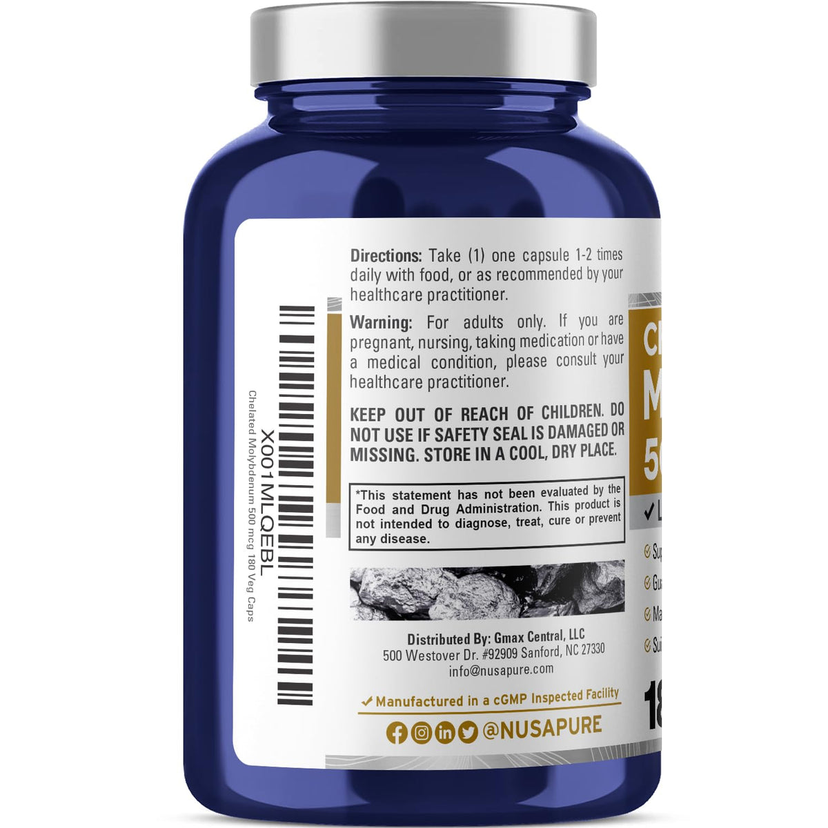 NusaPure Chelated Molybdenum 500 mcg 180 Vegetarian Caps (Vegan, Non-GMO) NusaPureBuy Supplements Australia