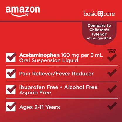 Amazon Basic Care Children's Pain Reliever and Fever Reducer, Acetaminophen 160 mg per 5 ml, Bubblegum Flavor, for Headache and Sore Throat, Ages 2-11 Years, 4 fl oz Amazon Basic CareBuy Supplements Australia