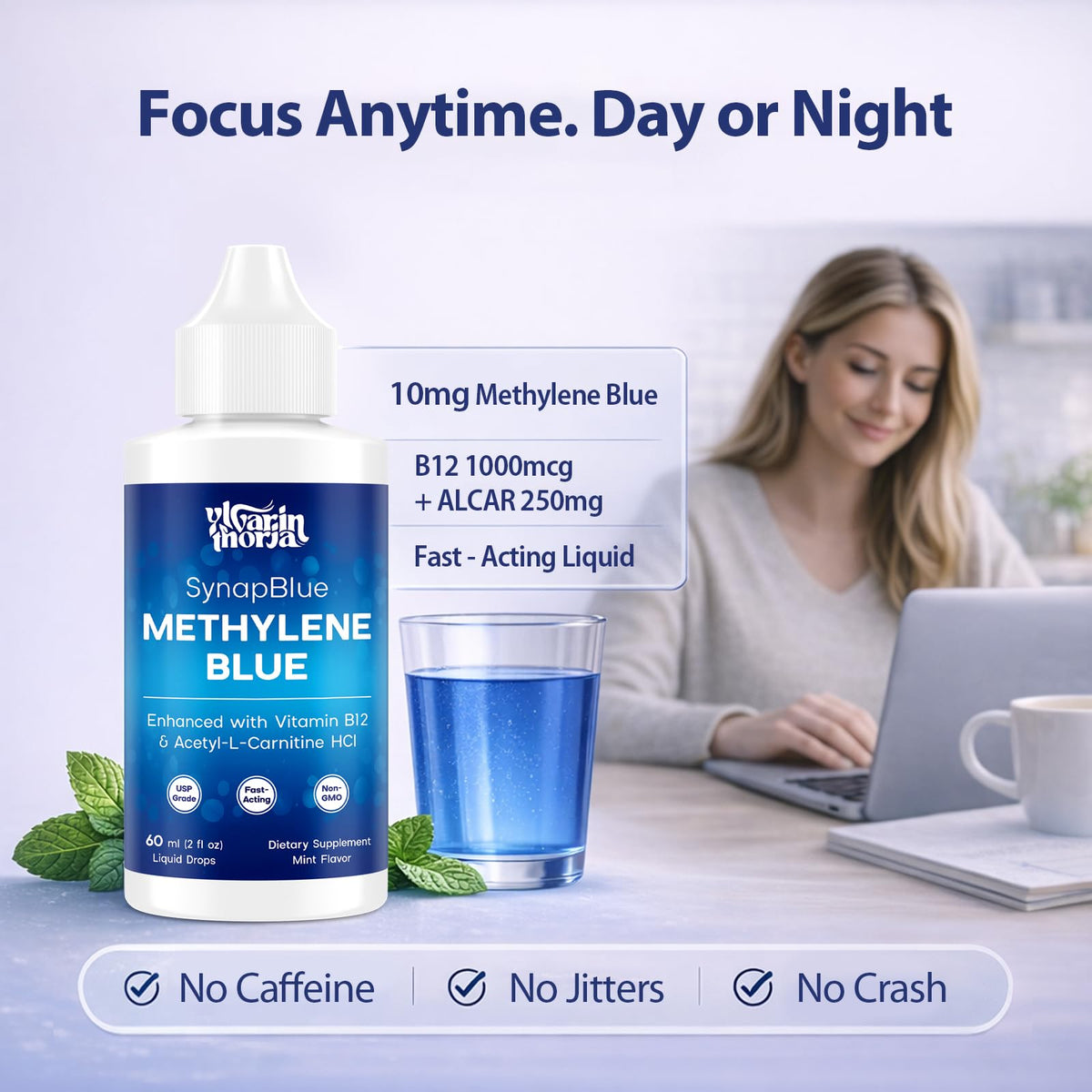 Methylene Blue Drops for Humans, 1% USP Grade – Dropper-Free No-Touch Bottle, Brain Supplement for Memory and Focus – Fast-Acting Nootropic with Methyl B12 & ALCAR – Caffeine-Free, Mint Flavor, 2oz YLVARIN THORIABuy Supplements Australia
