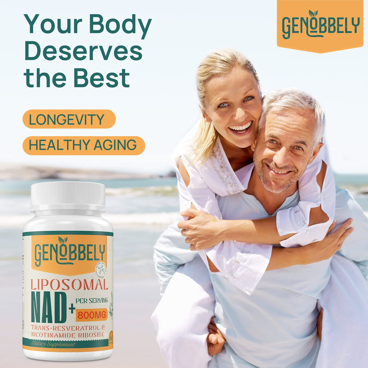 GENOBBELY 800 mg Liposomal NAD+ Supplement with Nicotinamide Riboside 200 mg, Trans-Resveratrol 100 mg - True NAD Supplement for DNA Repair, Healthy Aging, Brain Function - 60-Day Supply GENOBBELYBuy Supplements Australia