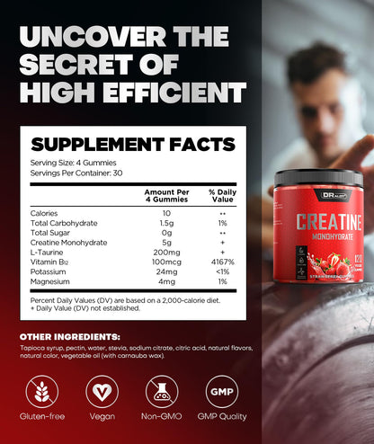 Dralot 99.99% Creatine Monohydrate Gummies More 15% Strength, 5X Energy & Muscle Support Pre-Workout Complex Creatine for Women & Men with 5000mg Creatine, L-Taurine, B12, Mg & K, 0 Sugar, Vegan DralotBuy Supplements Australia