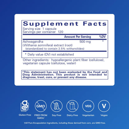 Pure Encapsulations Ashwagandha - 500 mg Ashwagandha Extract - Metabolism & Stress Support - Immune Support - GMO Free & Vegan - 120 Capsules Pure EncapsulationsBuy Supplements Australia