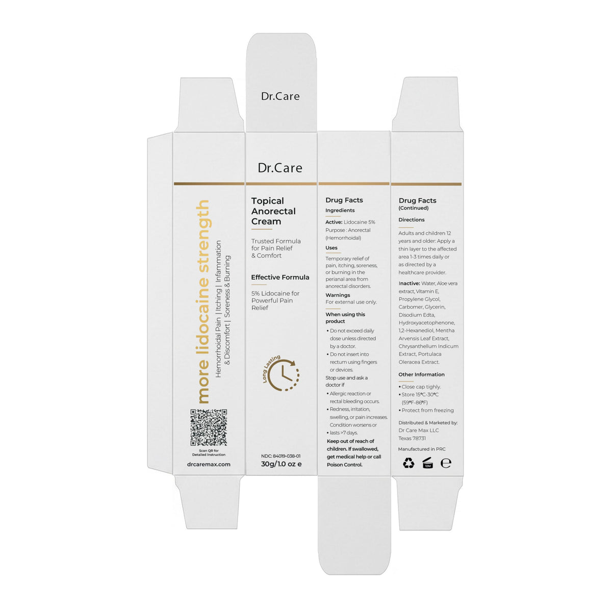 Dr Care Anorectal Cream with 5% Lidocaine - Maximum Strength Topical Anesthetic for Hemorrhoid Relief, Itching, & Burning (1.0 oz) Dr CareBuy Supplements Australia