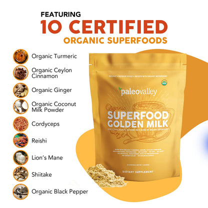 Paleovalley Organic Superfood Golden Milk - Immune, Focus, Cognitive, Longevity - Turmeric, MCT-Rich Coconut Milk, Functional Mushrooms, 30 Servings PaleovalleyBuy Supplements Australia