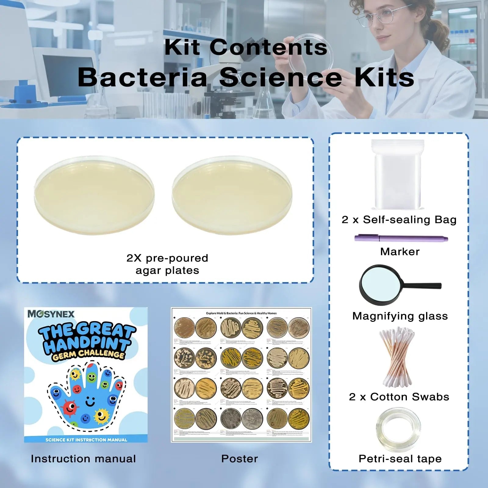 Giant Microbiology Bacteria Science Kit for Kids:2 XL 150mm Prepoured Nutrient Agar Plates, Petri Dishes with Agar & Colony Characteristics Poster for School Projects & Educational Gifts MosynexBuy Supplements Australia