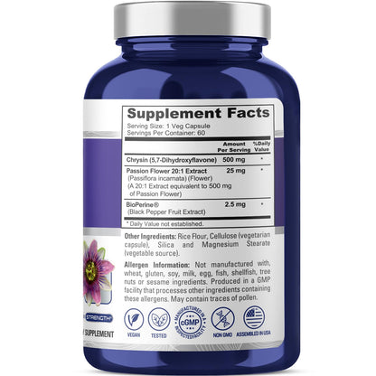 NusaPure Chrysin 500mg, 60 Veggie Capsules | Passion Flower Complex 500mg Supplement | 5, 7-Dihydroxyflavone | Concentrated Extract | Non-GMO, BioPerine & Vegan NusaPureBuy Supplements Australia