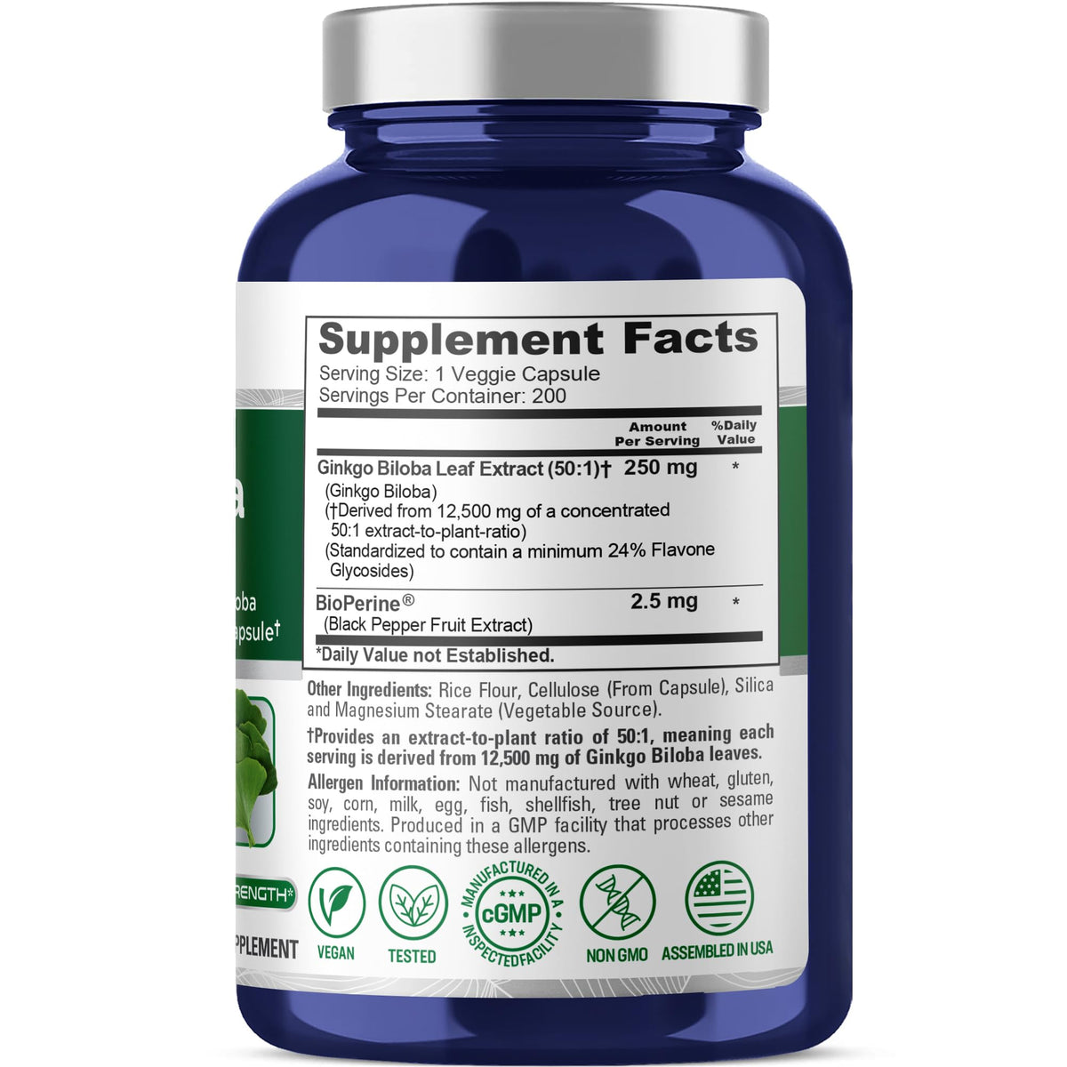 NusaPure Ginkgo Biloba 50:1 Extract, 250 mg Equivalent to 12,500 mg per Veggie Caps 200 Capsules (Vegetarian, Non-GMO, Vegan) Bioperine NusaPureBuy Supplements Australia