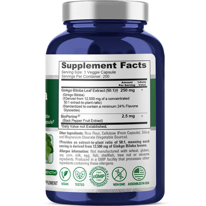 NusaPure Ginkgo Biloba 50:1 Extract, 250 mg Equivalent to 12,500 mg per Veggie Caps 200 Capsules (Vegetarian, Non-GMO, Vegan) Bioperine NusaPureBuy Supplements Australia