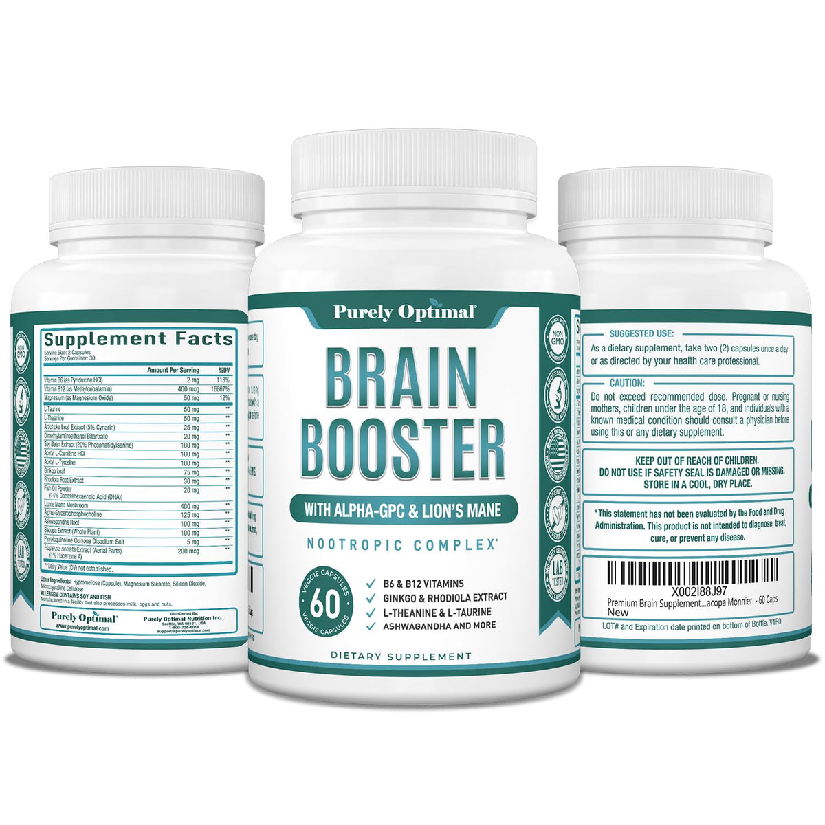 Purely Optimal Brain Booster Nootropic Supplement – Brain Support for Memory, Focus, Clarity, Jitter-Free Energy for Adults, Seniors– with Ginkgo Biloba, Alpha GPC, Lion’s Mane – 60 Capsules Purely OptimalBuy Supplements Australia
