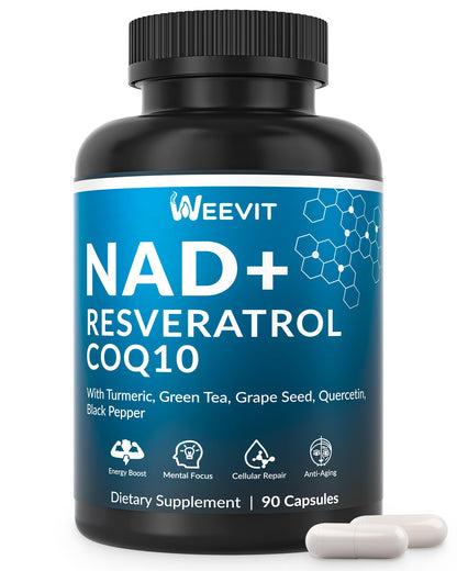 Supplement bottle labeled 'NAD+ Resveratrol CoQ10' by Weevit on a white background