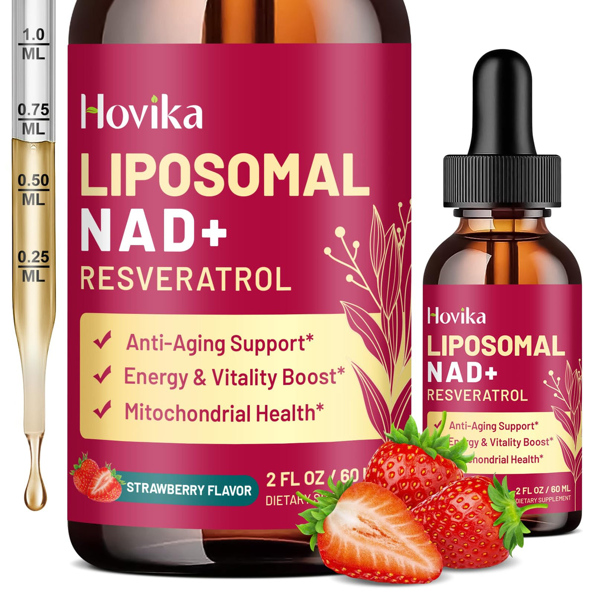 Hovika Liposomal NAD+ Resveratrol supplement bottle with dropper and strawberries on a white background