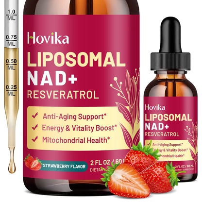 Hovika Liposomal NAD+ Resveratrol supplement bottle with dropper and strawberries on a white background