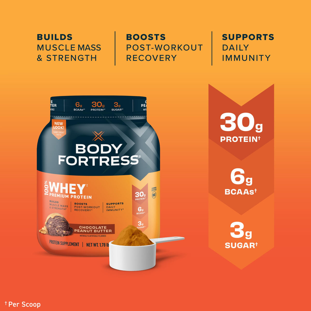 Body Fortress 100% Whey, Premium Protein Powder, Chocolate Peanut Butter, 1.78lbs Body FortressBuy Supplements Australia